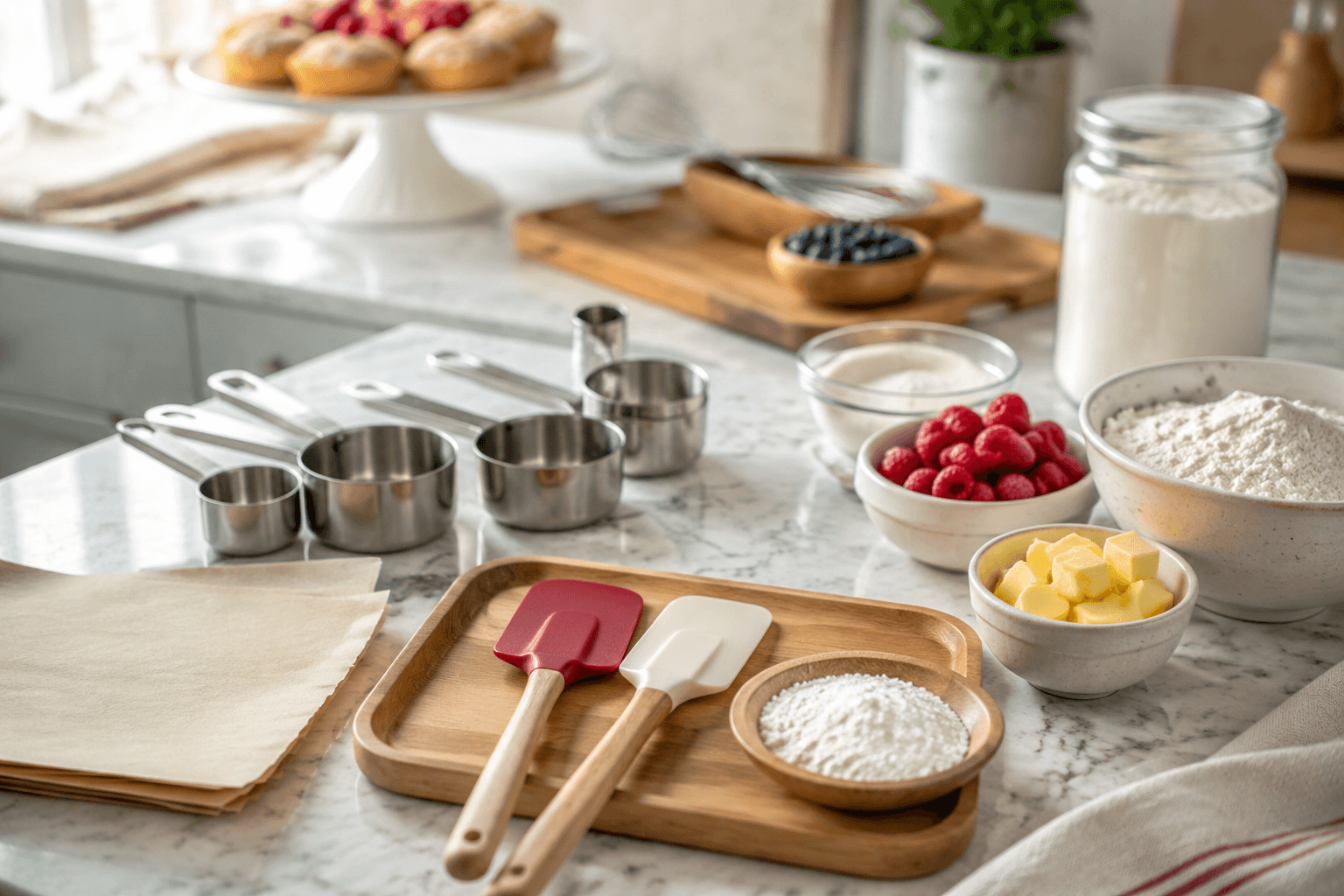 An organized home bakery prep counter
